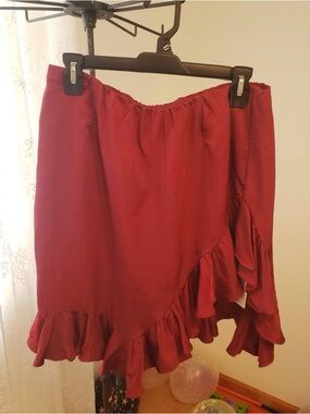 HALARA Satin Asymmetrical Ruffle Hem Mini Skirt, Red